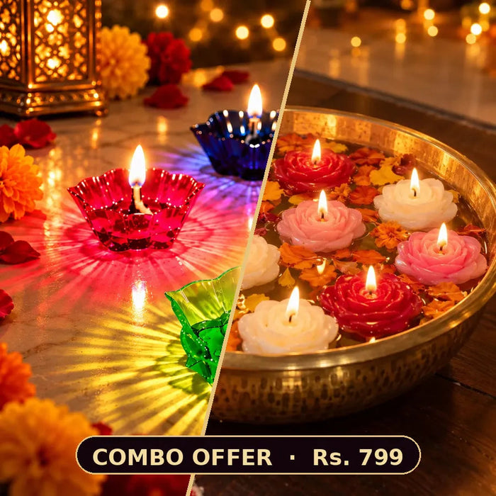Diwali Glow Combo – Reflection Diya Set + Rose Floating Candles